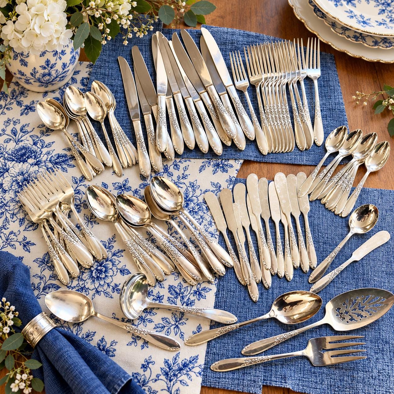 Vintage Oneida — Country Lane 1954 — Silverplate Flatware Set — Service for 12 (91 Pieces)