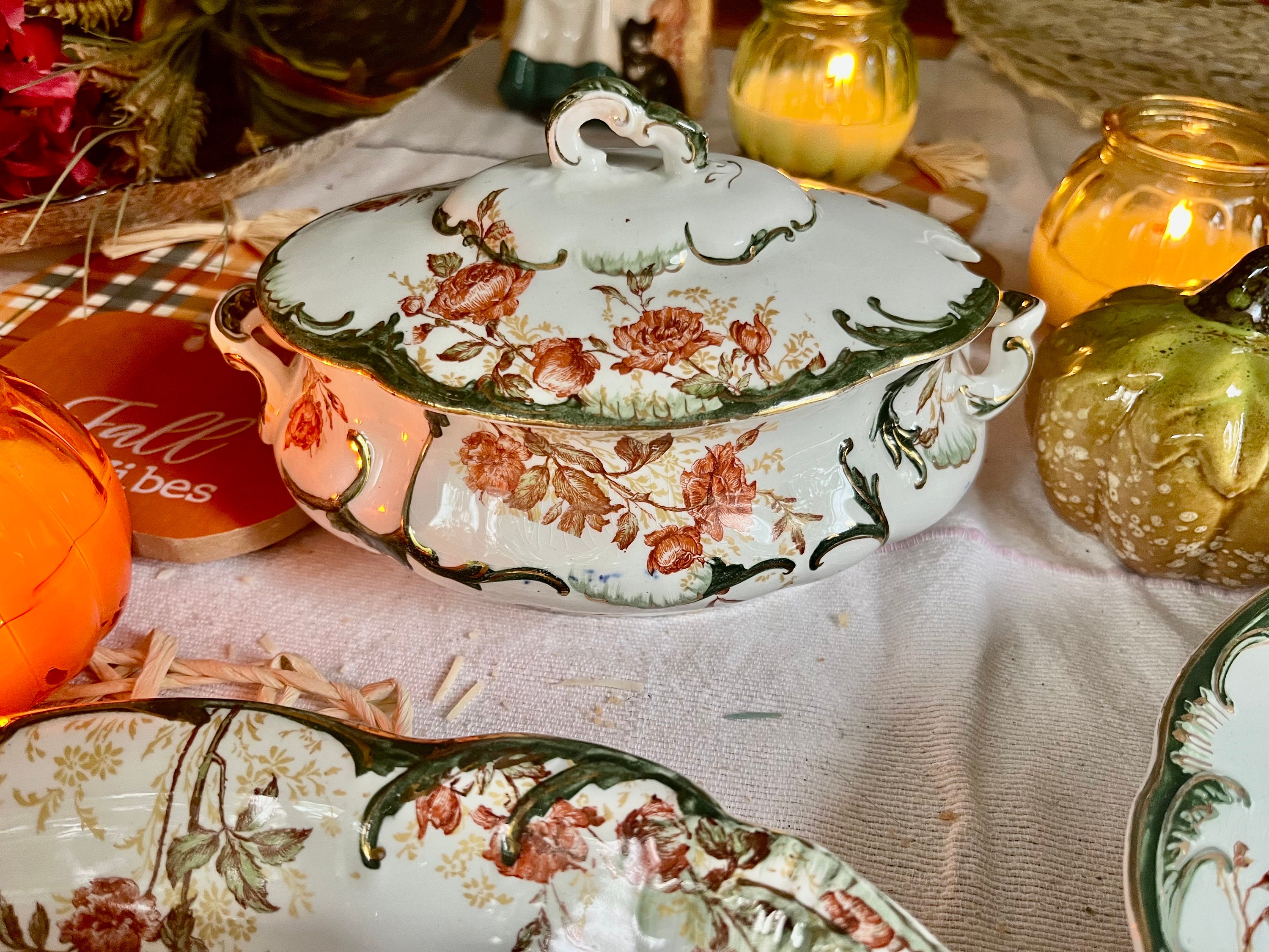 Antique Ridgway England Floral Dining Ensemble: Green & Gold, 6-Piece Set