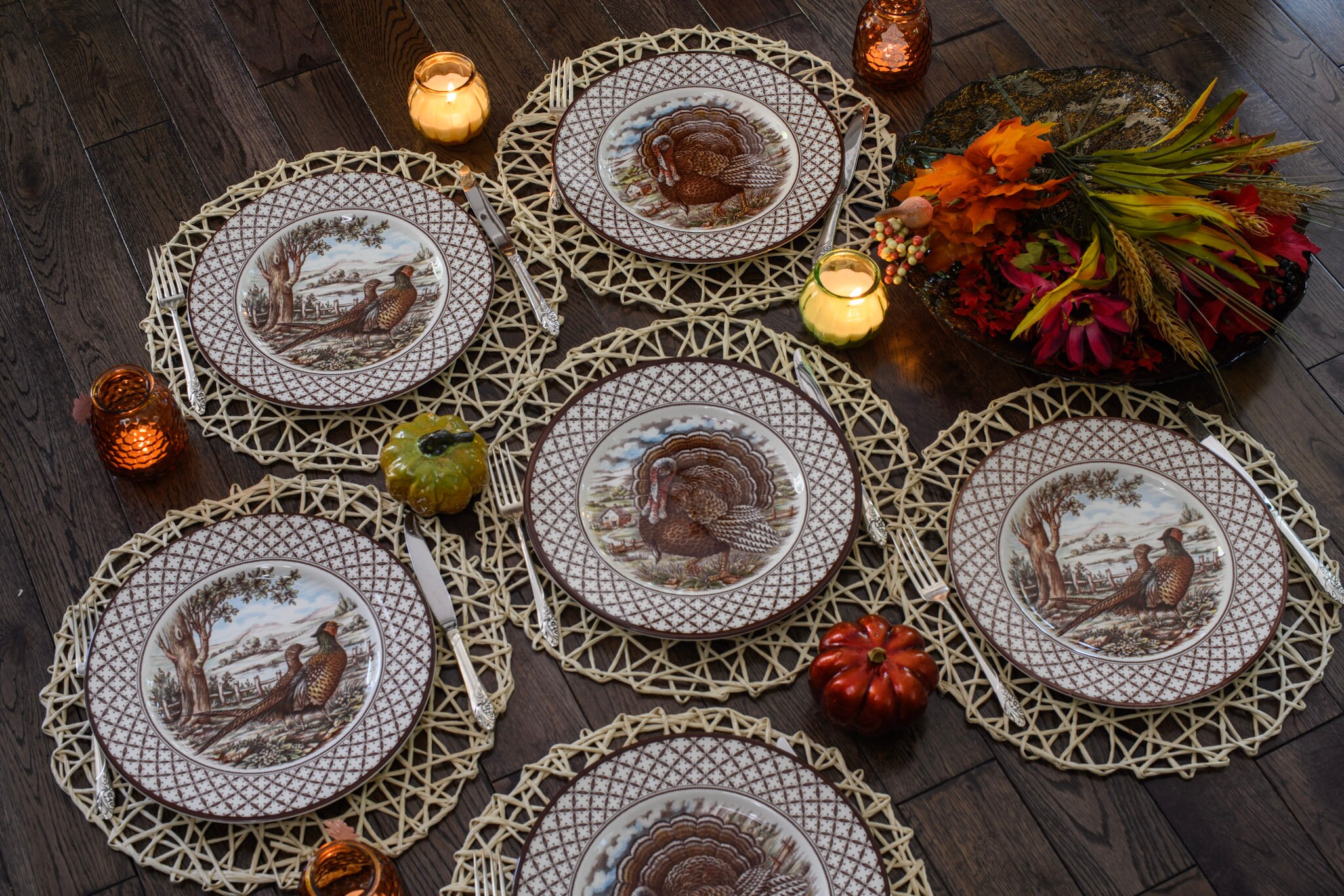 New Transferware Fall Thanksgiving Theme - Dinner Plates 11” - Chantilly Royal Stafford - Made in England