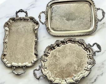 Vintage Silver Plated Serving Tray – Ornate Handled & Footed – Bar Cart Vanity Tablescape – Sold Individually