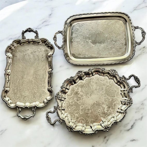 Vintage Silver Plated Serving Tray – Ornate Handled & Footed – Bar Cart Vanity Tablescape – Sold Individually