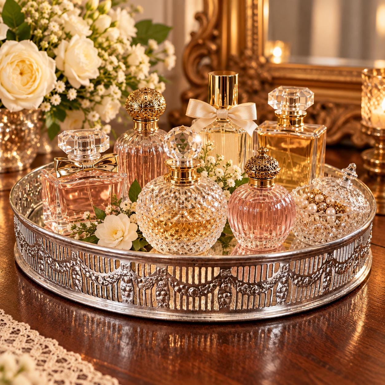 Vintage Sheffield England Silverplate Serving Tray – 12” Chased Floral Engraving – Pierced Gallery – Heavy Ornate Round Tray