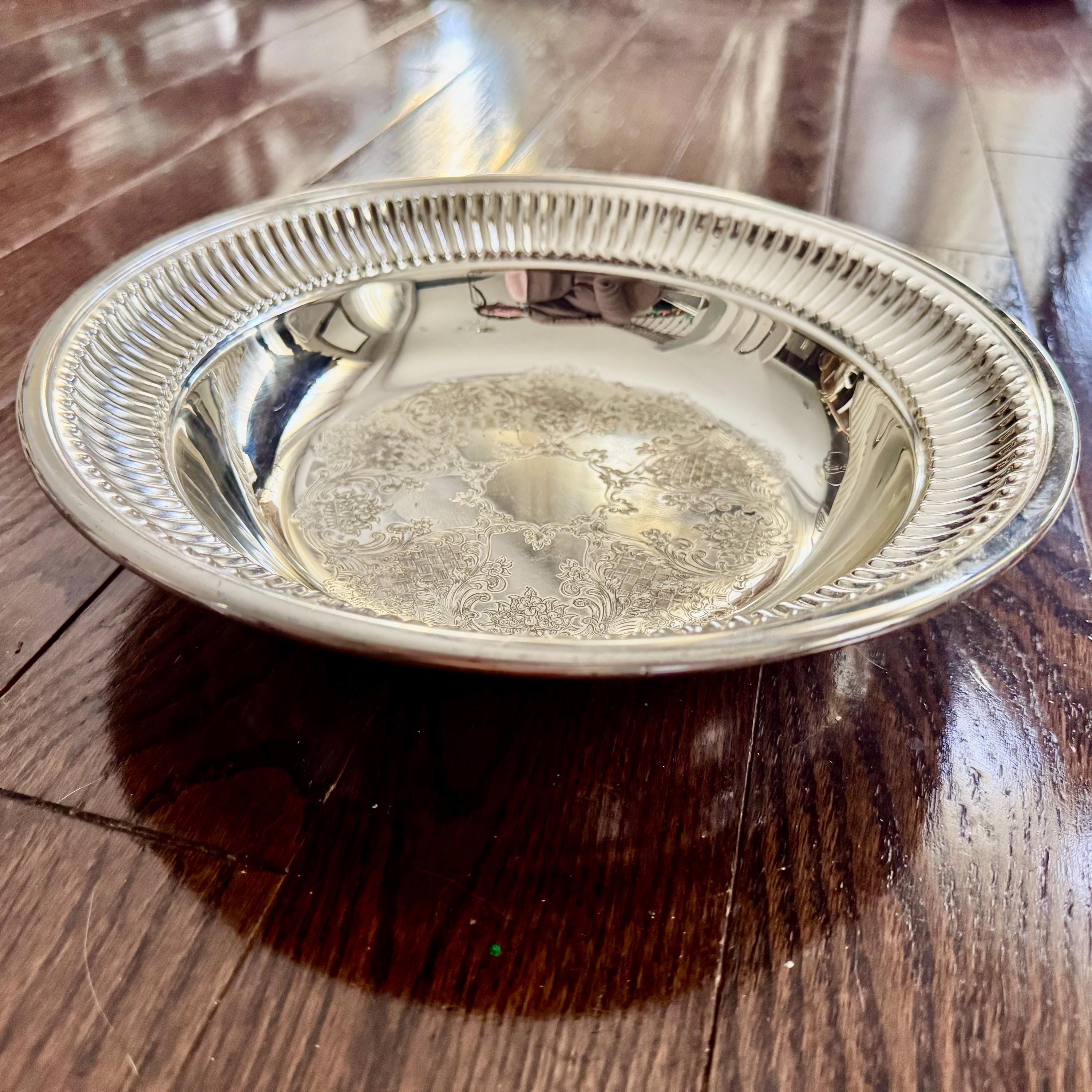 Vintage Silver Plated Serving Bowl 10.25”, Ornate Engraved Centre, Fluted Rim, Tarnish Resistant