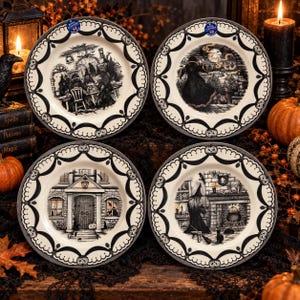 May include: A set of four cream-colored ceramic plates featuring black illustrations of witches, a haunted house, and pumpkins. Each plate has a decorative border with small pumpkin motifs and a Royal Stafford sticker on the rim.