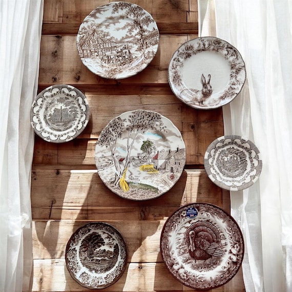 Vintage Brown Transferware Plate Set – Eclectic Gallery Wall Decor