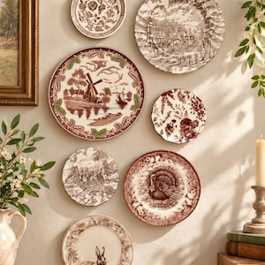 May include: A collection of seven decorative ceramic plates mounted on a wall, featuring various brown and white transferware patterns including a windmill, a turkey, a rabbit, floral motifs, and rural landscape scenes with buildings.
