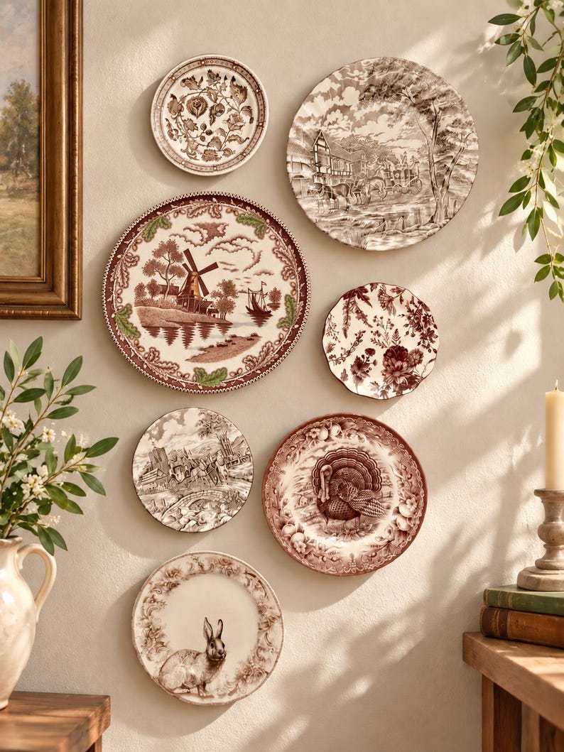 May include: A collection of seven decorative ceramic plates mounted on a wall, featuring various brown and white transferware patterns including a windmill, a turkey, a rabbit, floral motifs, and rural landscape scenes with buildings.