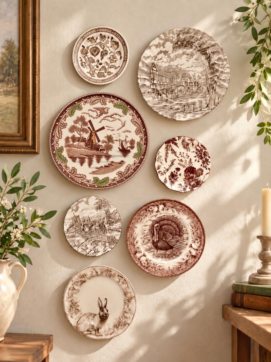 Vintage Brown Transferware Wall Gallery Plate Set or Oil Art —Cottagecore Wall Decor — 7 Plates