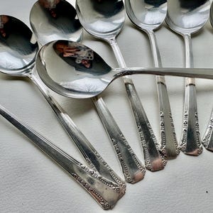 May include: A set of nine silver spoons with ornate handles. The spoons are arranged in a fan shape, with the handles pointing towards the center. The spoons are all polished and shiny.