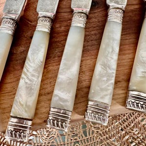 Pu&ograve; includere: Set di sei coltelli d'argento con manici in madreperla. I coltelli hanno dettagli in argento decorativi e sono disposti su una superficie in legno.