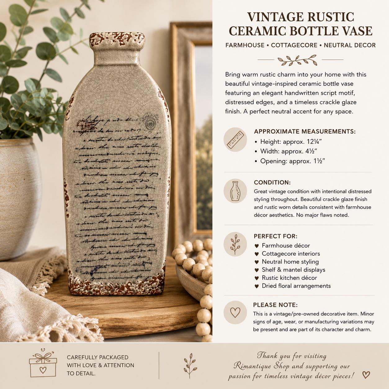 Vintage Rustic Crackle Glaze Ceramic Bottle Vase / Farmhouse Script Decor / Cottagecore Neutral Accent Piece 12”