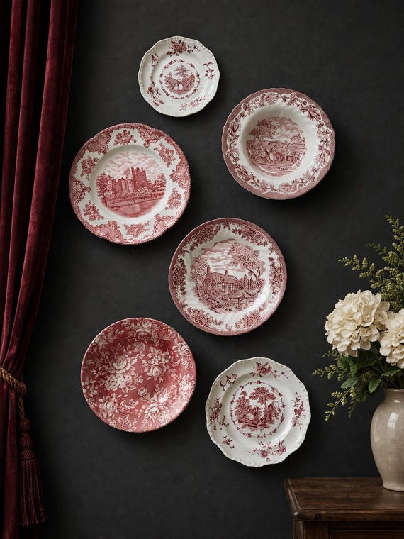 Vintage Red Transferware Plate Set: Countryside Village Wall Decor