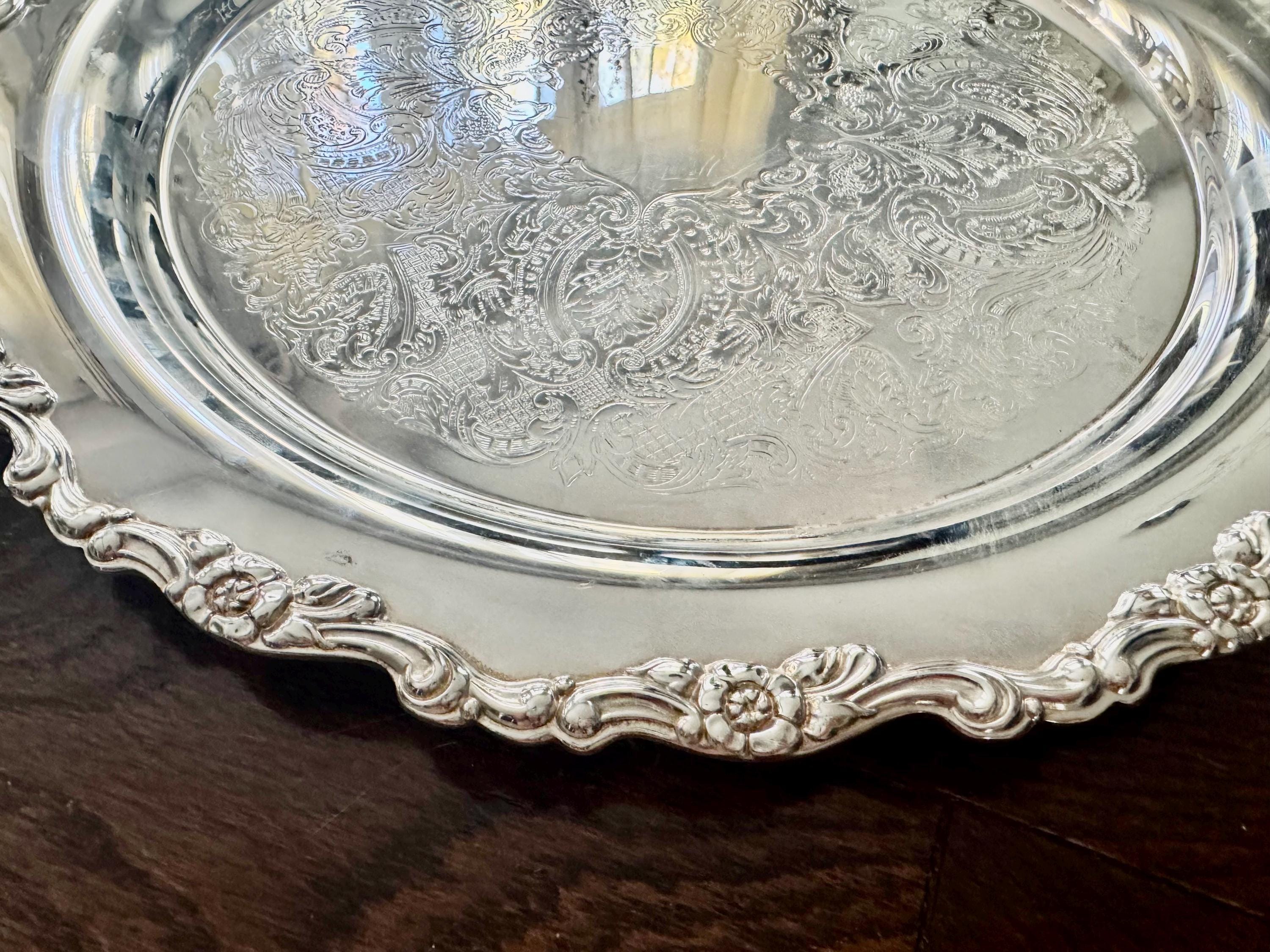 Vintage Oneida USA Silverplate Heavy Serving Tray | 15 1/4” Ornate Floral Round Platter