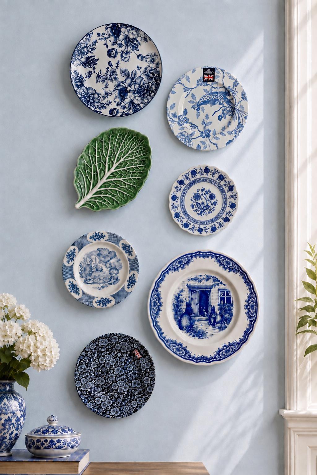 Gallery Wall Mismatched Set in Blue & Green - Collection of 7 Vintage Plates