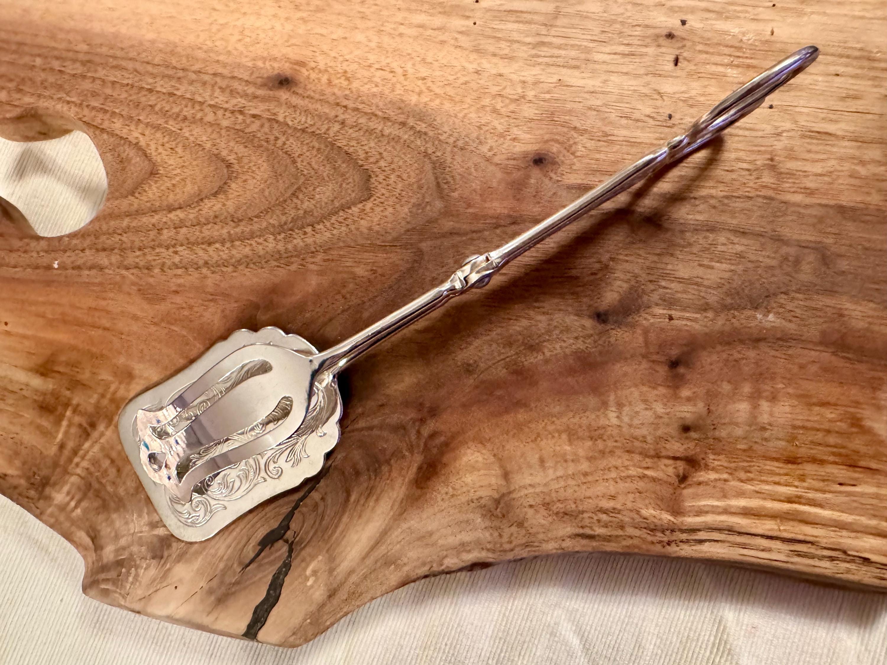 Vintage Silver Plated Scissors-Style Serving Tongs - Engraved Design