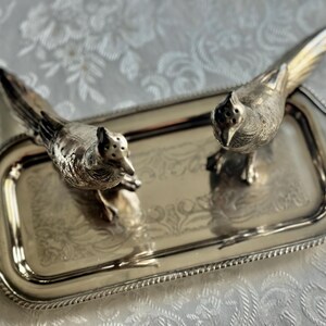 May include: A silver-toned serving tray with two bird-shaped salt and pepper shakers. The tray has a rectangular shape with a decorative edge and a floral pattern. The bird shakers have detailed feather and eye features.