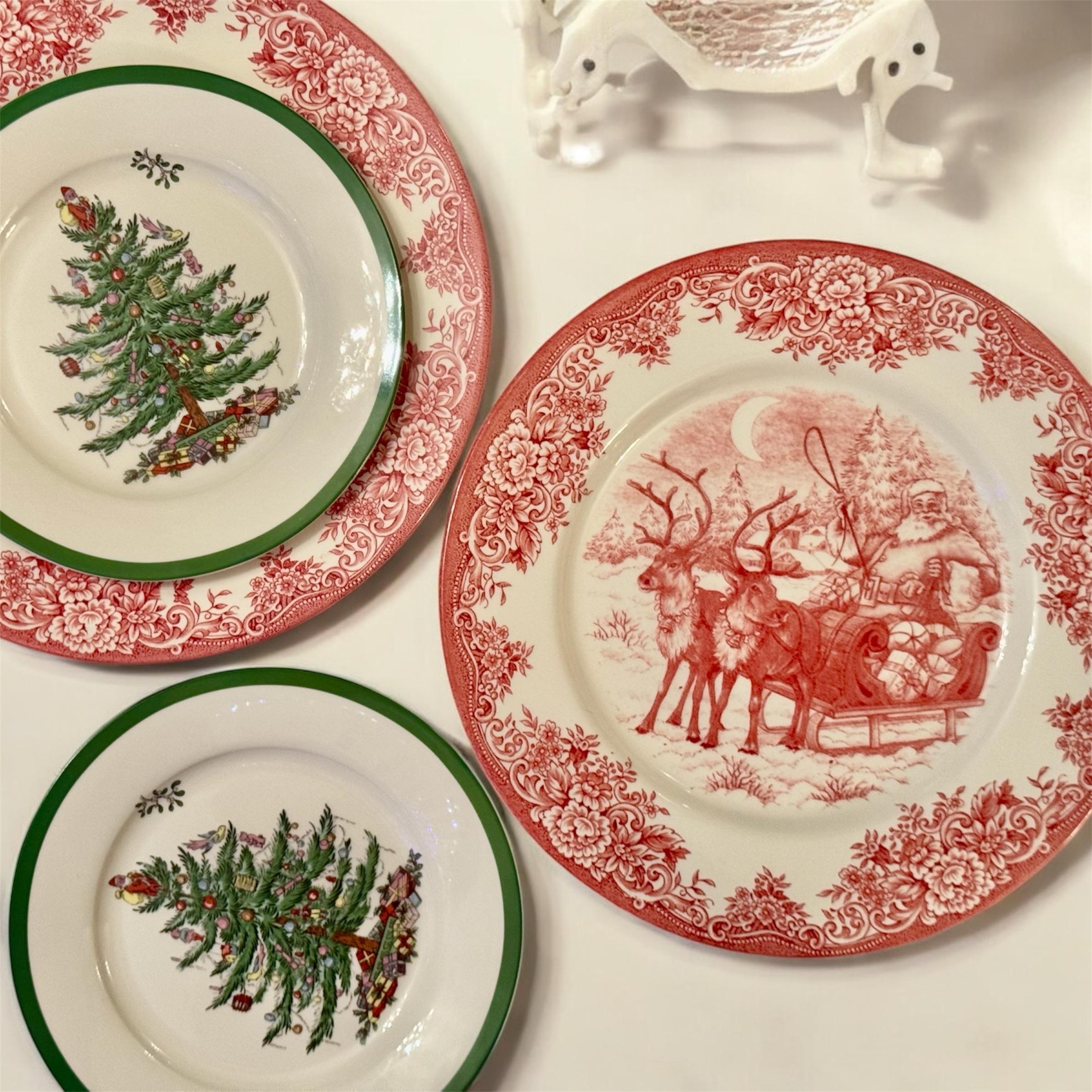 Transferware Christmas Plates — Santa's Sleigh & Spode Tree
