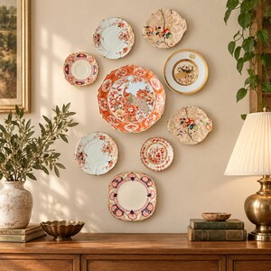 May include: A collection of nine decorative ceramic plates arranged on a wall, featuring various floral, bird, and geometric patterns in colors including orange, gold, blue, and cream. The plates vary in size, shape, and edge texture.