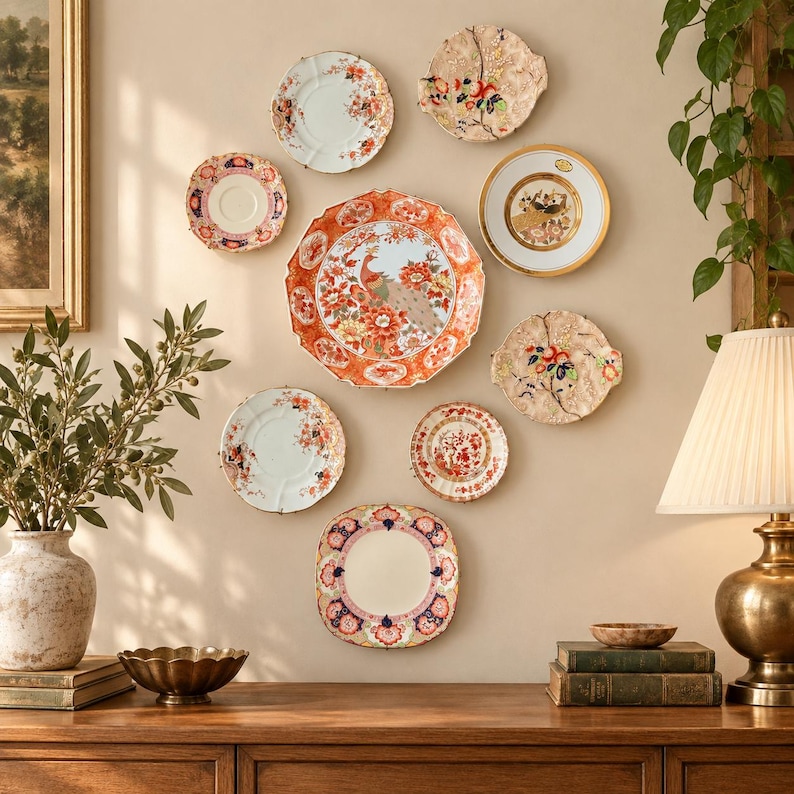 May include: A collection of nine decorative ceramic plates arranged on a wall, featuring various floral, bird, and geometric patterns in colors including orange, gold, blue, and cream. The plates vary in size, shape, and edge texture.