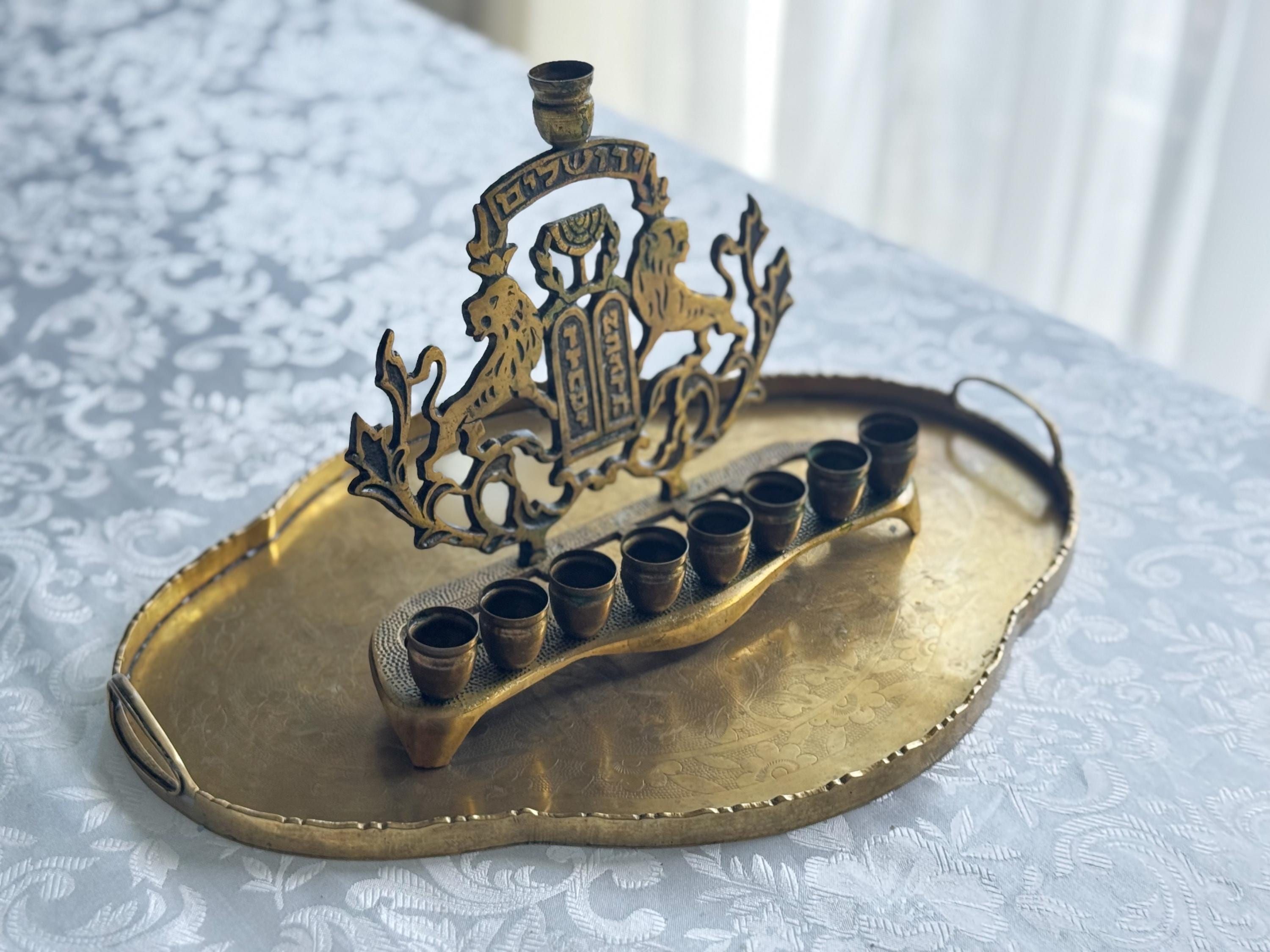 Vintage Brass Menorah — Hanukkia with Lions of Judah & Ten Commandments — On Brass Serving Tray