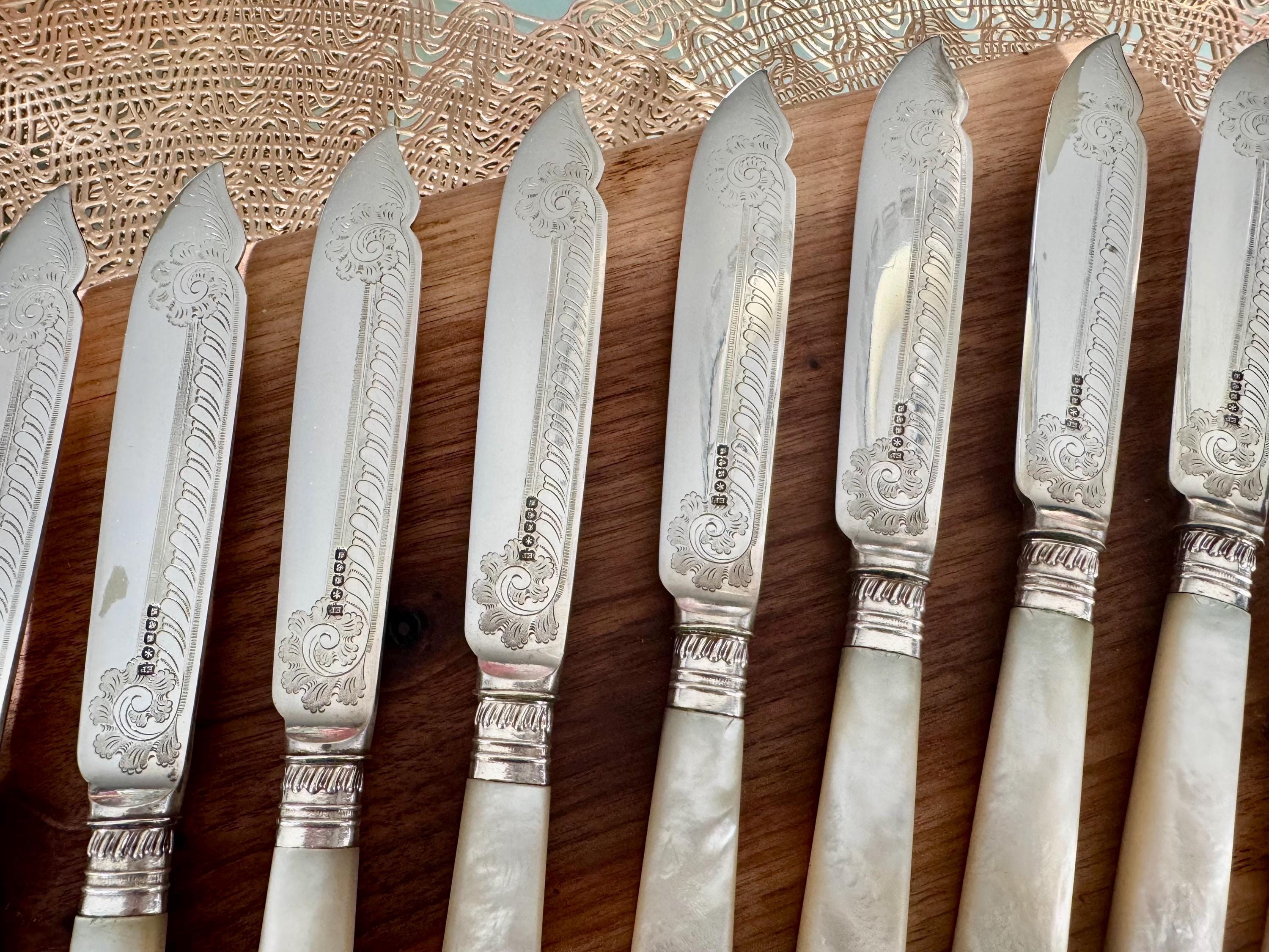 Vintage Mother of Pearl Silverplate Knives: Engraved Elegant Set of 10