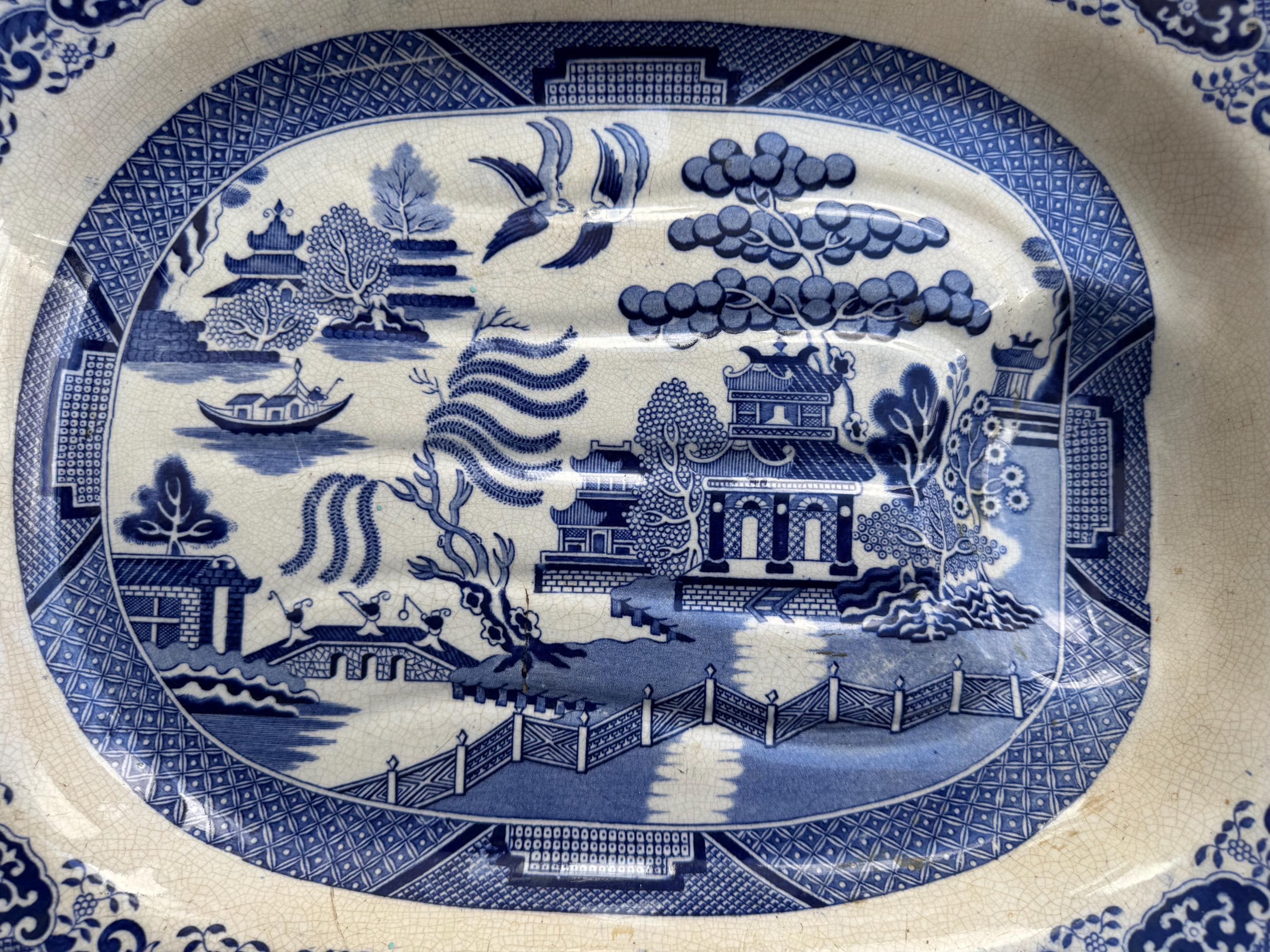Antique Circa 1840 English Blue Willow “Well & Tree” Meat Platter – Monumental 19th-Century Serving Dish
