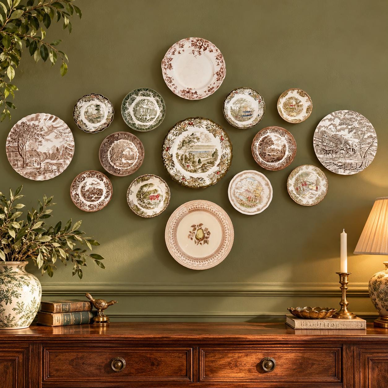 Gallery Wall Mismatched Set - England Farm Scenes in Brown & Green — 15 Plates