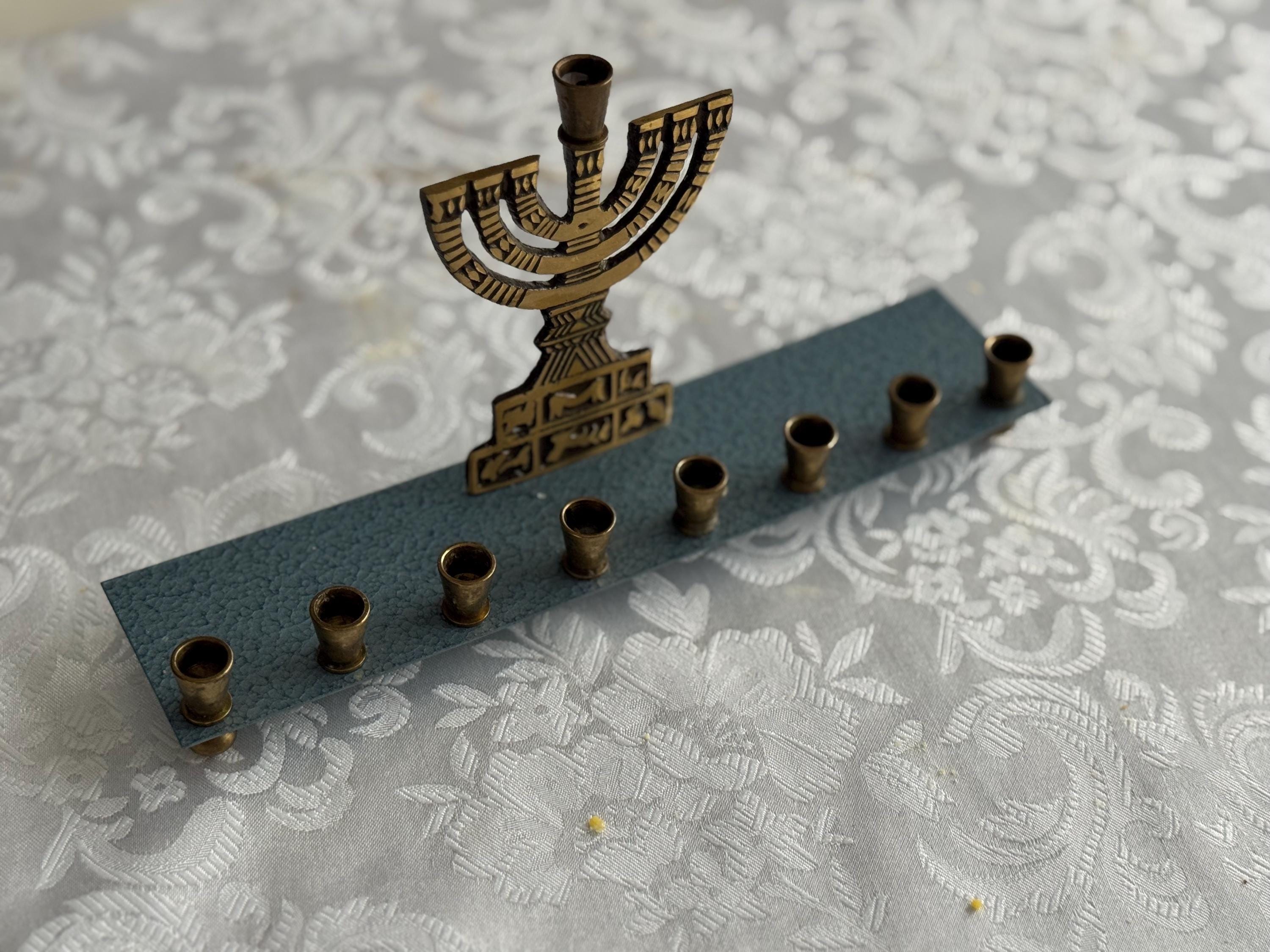 Vintage Oppenheim Israel Brass Menorah – Mid-Century Hanukkah Candle Holder – Blue Enamel Base – Judaica Collectible
