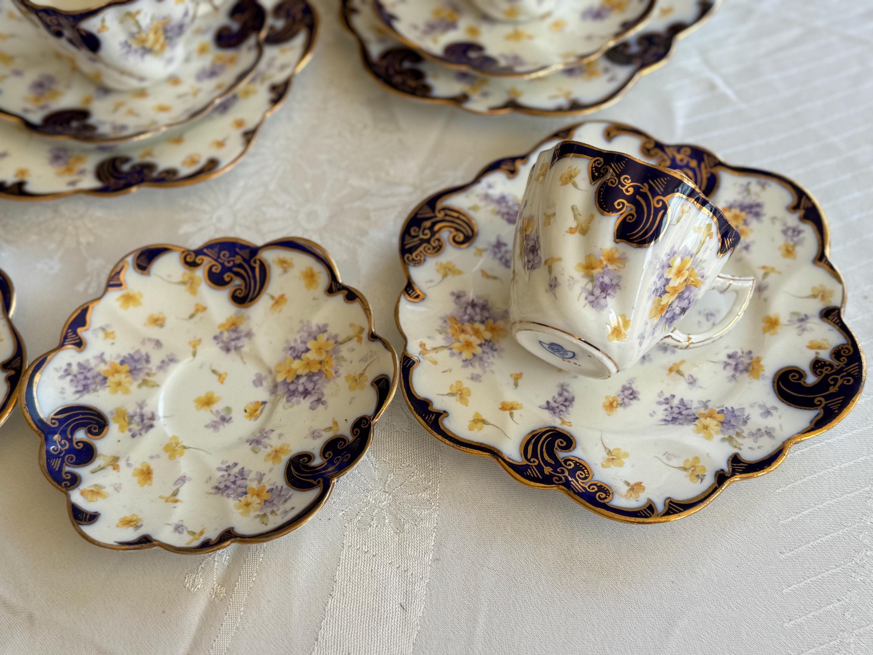 Antique Royal Style Tea Trio – Cobalt Gold & Violets Bone China Set