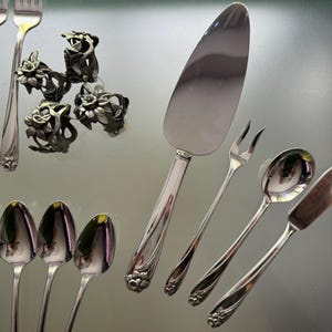 Pu&ograve; includere: Un set di posate color argento che include forchette, cucchiai, una paletta per dolci, una forchetta a due rebbi e un coltello da burro, insieme a quattro portatovaglioli in metallo scuro con motivo floreale. Ogni posata ha un motivo floreale.