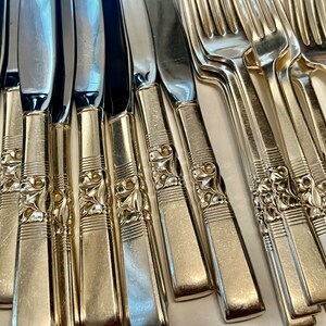 May include: A collection of shiny silver knives and forks. The silverware has a decorative floral design on the handles. The blades of the knives are smooth and reflective. The forks have four tines. The silverware is arranged on a white surface.