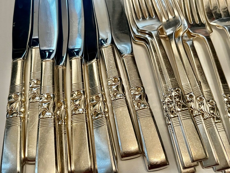 May include: A collection of shiny silver knives and forks. The silverware has a decorative floral design on the handles. The blades of the knives are smooth and reflective. The forks have four tines. The silverware is arranged on a white surface.