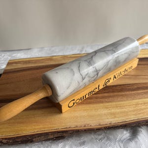 Vintage Solid Marble Rolling Pins with Wooden Handles & Original Stand – Sold Individually 2. Silver Vein