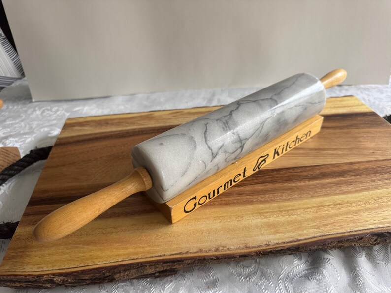 Vintage Solid Marble Rolling Pins with Wooden Handles & Original Stand – Sold Individually 2. Silver Vein