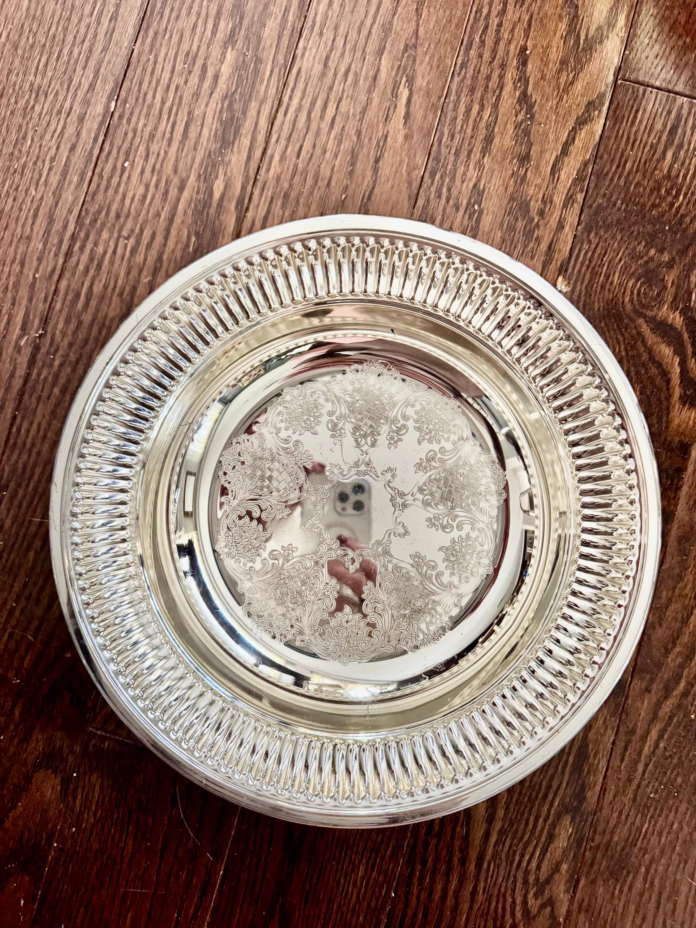Vintage Silver Plated Serving Bowl 10.25”, Ornate Engraved Centre, Fluted Rim, Tarnish Resistant