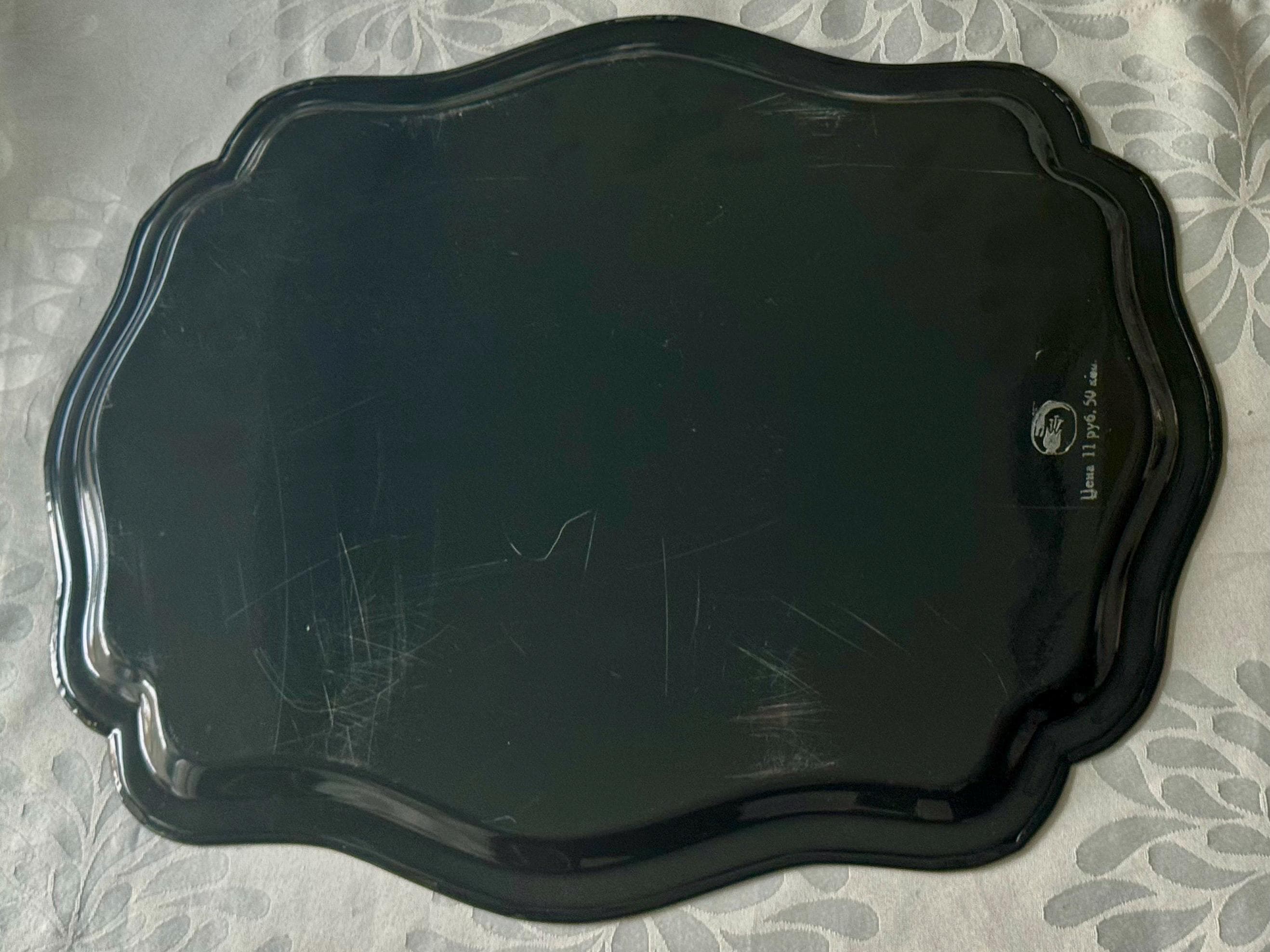 Vintage Soviet Hand-Painted Floral Tray – Zhostovo Style – Black Lacquer Metal – USSR Folk Art