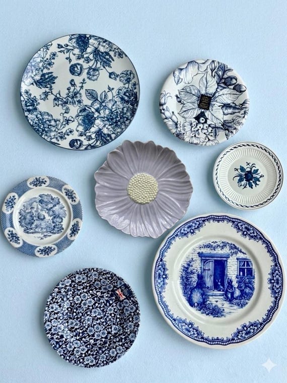 Gallery Wall Mismatched Set in Blue & White - Collection of 7 Vintage Plates