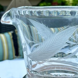May include: A clear glass pitcher with etched feather designs. The pitcher has a spout and a decorative rim. The etched designs are delicate and detailed, adding a touch of elegance. The pitcher is likely used for serving beverages.