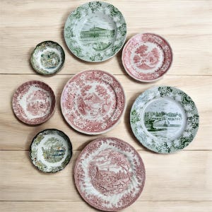 Vintage Red Green Transferware Plate Set: Eclectic Cottagecore Wall Gallery