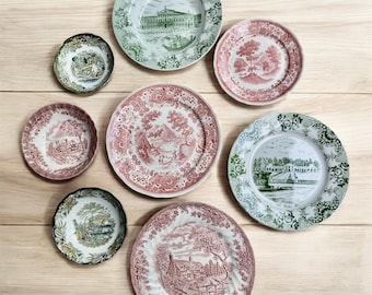 Vintage Red Green Transferware Plate Set: Eclectic Cottagecore Wall Gallery