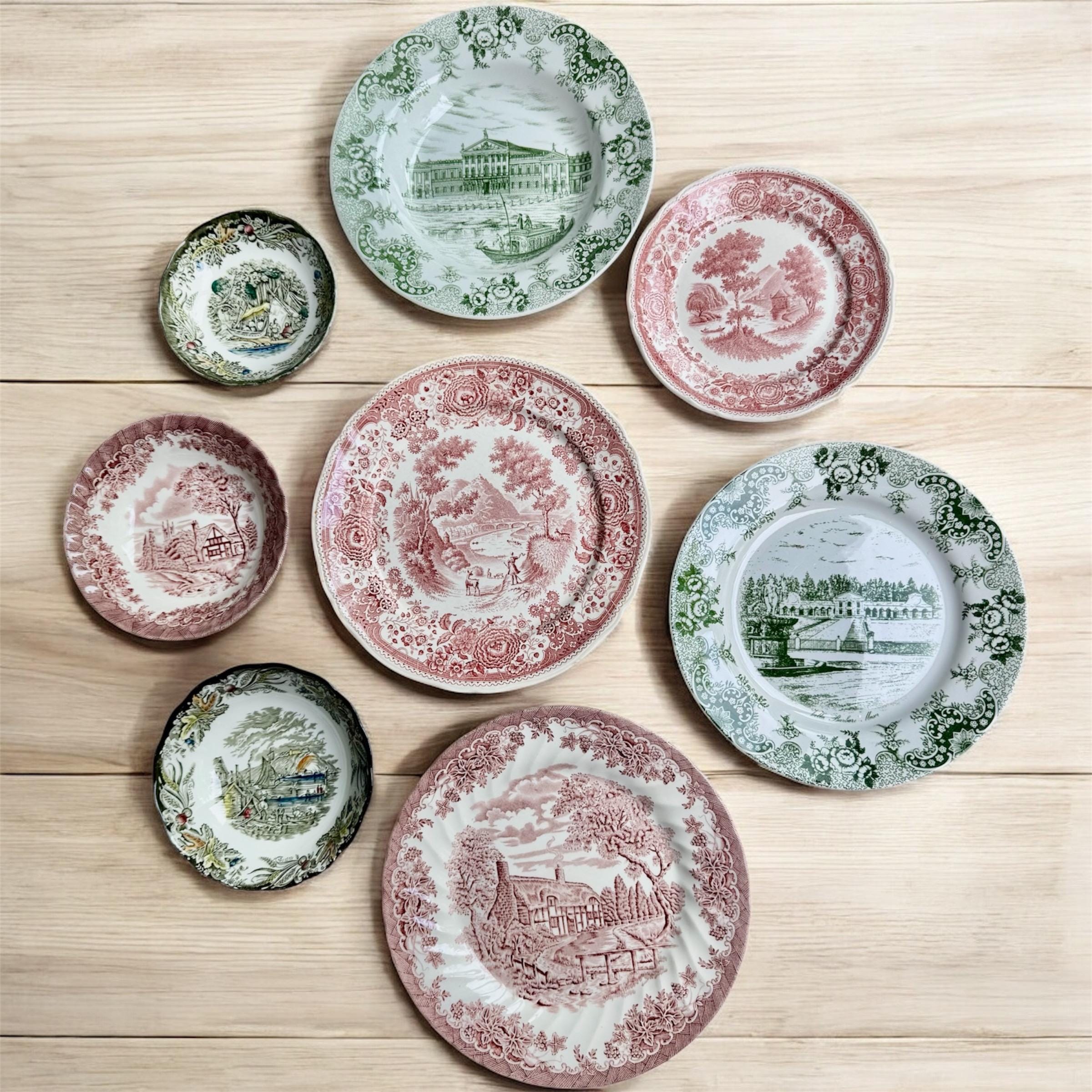 Vintage Red Green Transferware Plate Set: Eclectic Cottagecore Wall Gallery