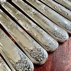 May include: A set of silver-plated dinner knives with ornate floral designs on the handles. The knives are arranged in a row, with the handles pointing to the right.
