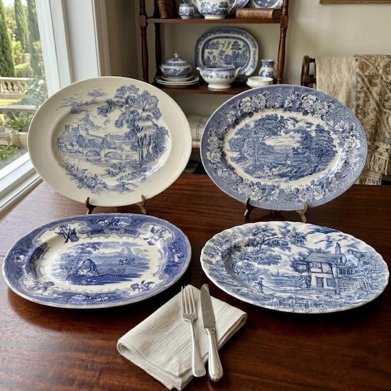 Vintage or Antique Blue & White Transferware Serving Platters