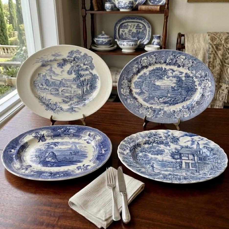 Vintage or Antique Blue & White Transferware Serving Platters