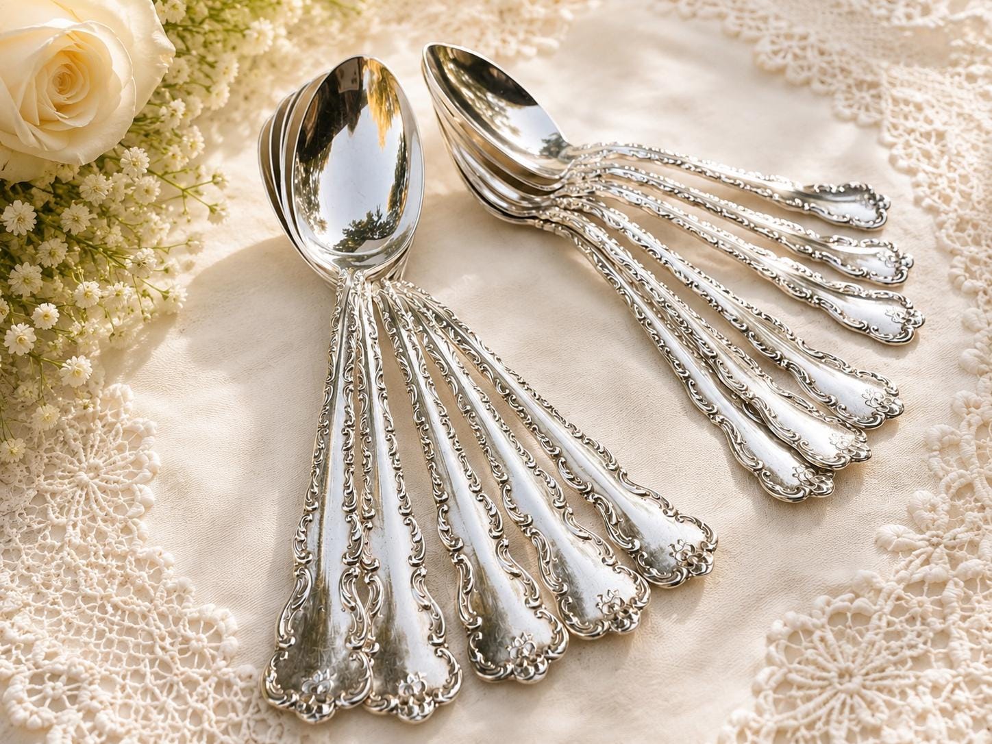 Antique Dresden 1911 Silverplate Teaspoons – Set of 11 – Stratford Silver Co. – Ornate Rococo Flatware – Tea Spoons