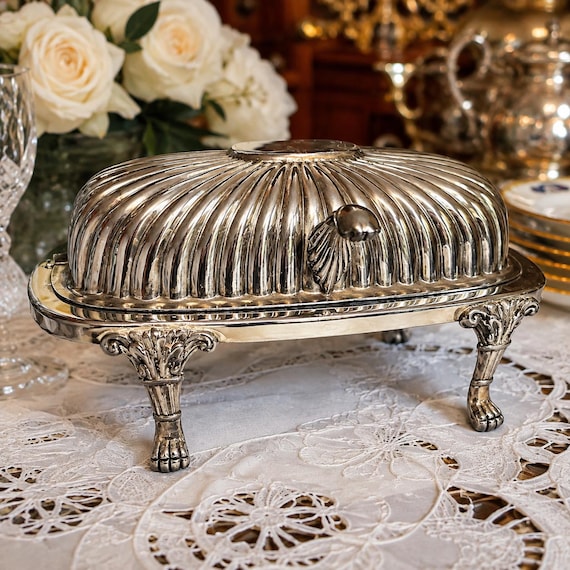 Vintage Silverplate Roll Top Butter Dishes on Ornate Lion Paw Feet — Variations Available