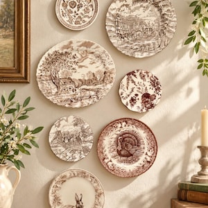 May include: A collection of seven decorative ceramic plates mounted on a wall, featuring brown and white transferware patterns including rural landscapes, floral motifs, a turkey, and a rabbit, all with intricate scalloped or smooth edges.