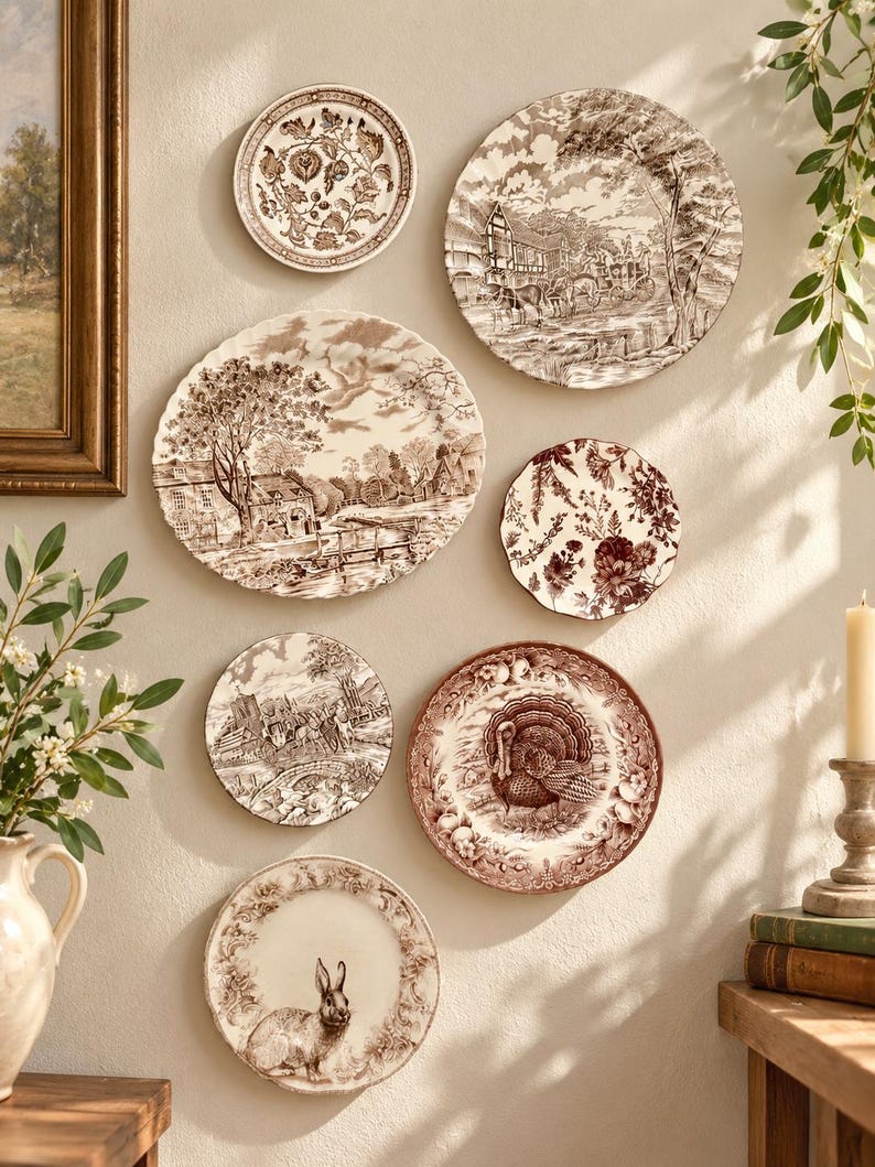 May include: A collection of seven decorative ceramic plates mounted on a wall, featuring brown and white transferware patterns including rural landscapes, floral motifs, a turkey, and a rabbit, all with intricate scalloped or smooth edges.