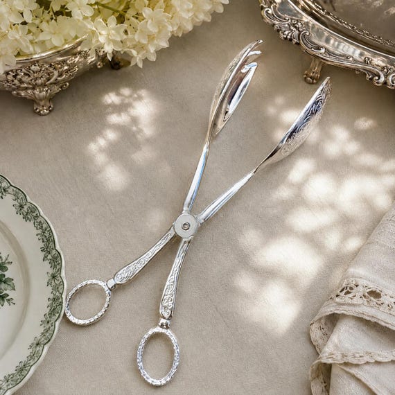 Vintage Ornate Silver Plated Scissors-Style Serving Tongs