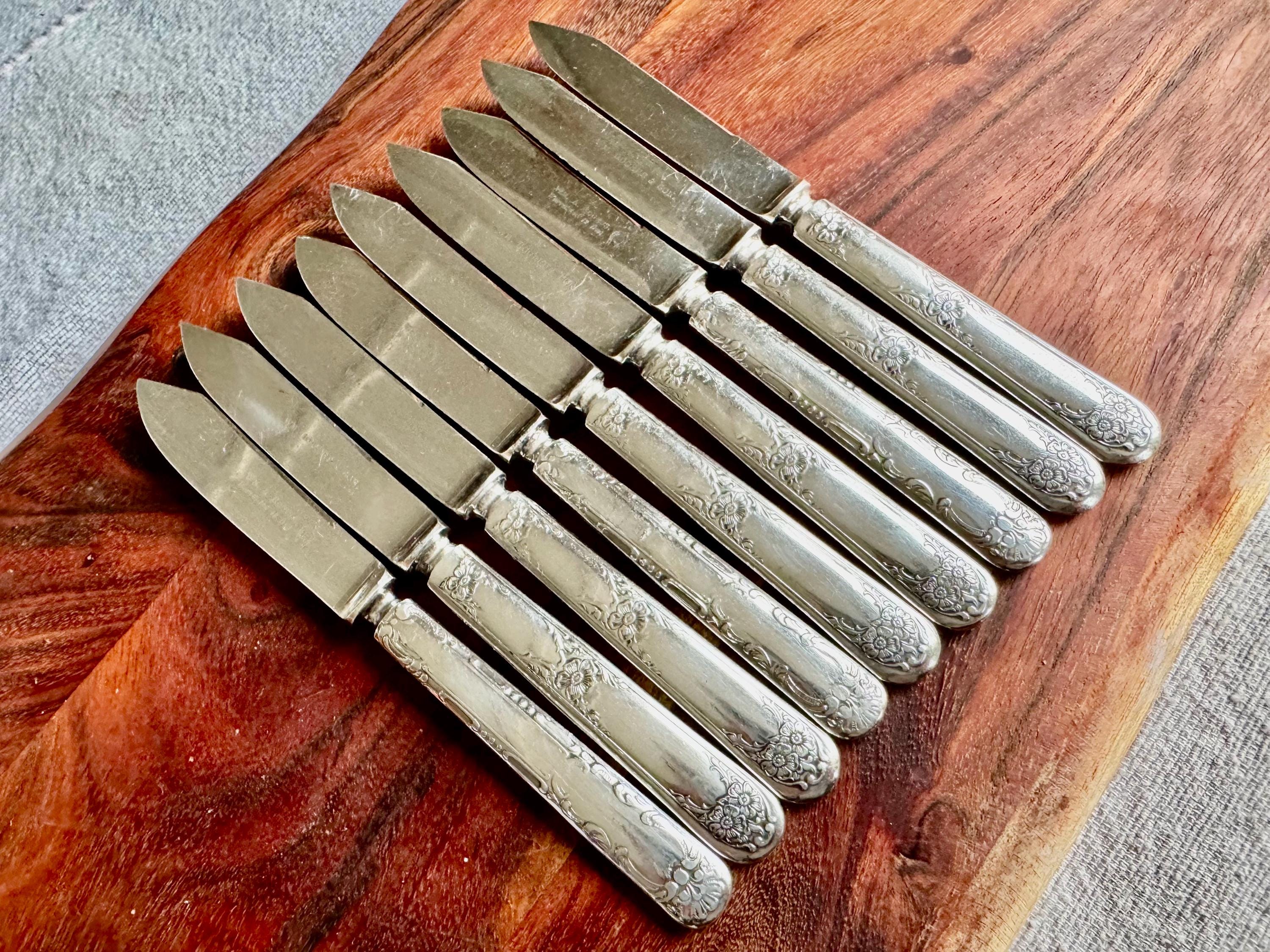 Vintage Wm. Rogers Silverplate Fruit or Butter Knives – Set of 9 – Floral Handles